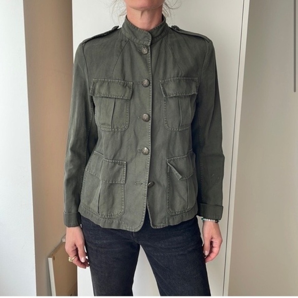Nili Lotan Military Jacket Green Cotton Linen Utility Coat Crest Buttons XS